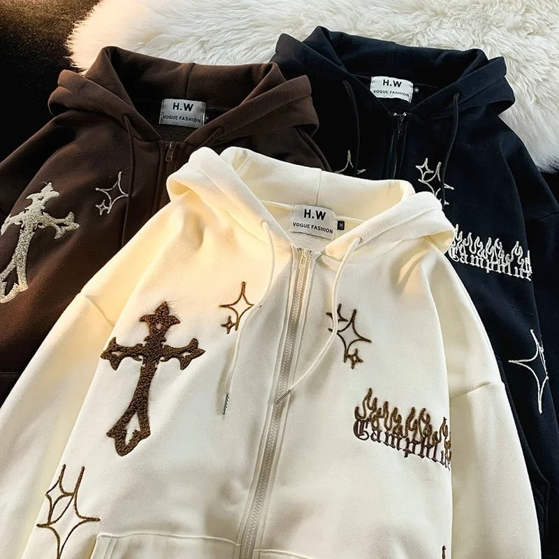 Retro Embroidered Hoodies Women Casual High Street Gothic Long Sleeve Cozy Hoodie Pullover