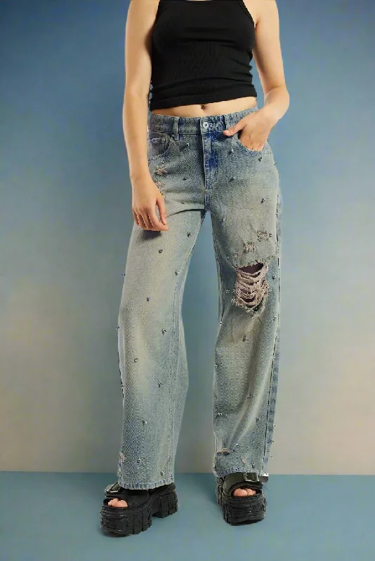 The Ragged Priest Dirty Wash Distressed Release Stud Jeans