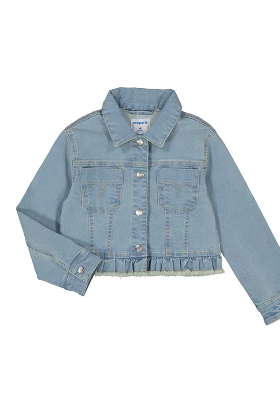 Mayoral Mini Girl Pleated Raw Hem Denim Jacket, Light Blue Women's versatile jackets