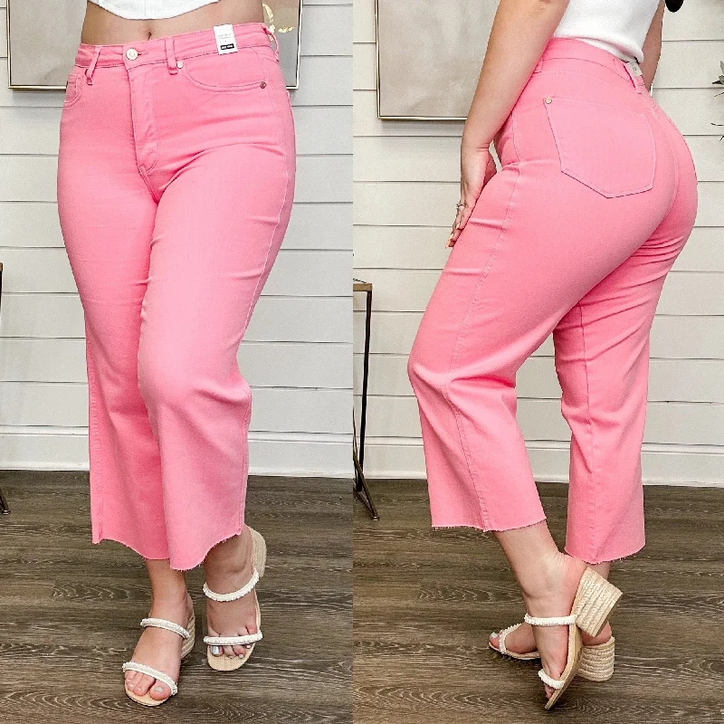 Judy Blue Sky Tummy Control High Rise Wide Leg Cropped Pink Jeans