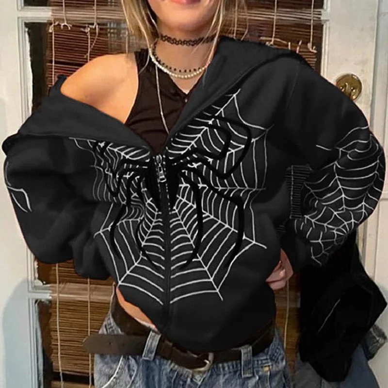 Hoodie Dark Spider Web Printed Goth Black Hoodie Sweatshirt Zipper Hoodie Sweatshirt Fashion