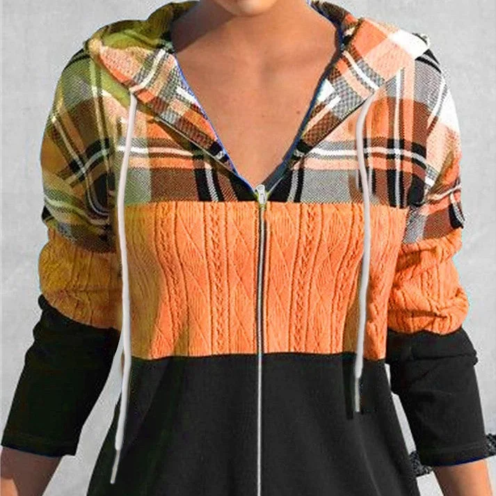 Women's Zipper Cardigan Hooded Plaid Printed Sweater Comfy Sweatshirts for Fall