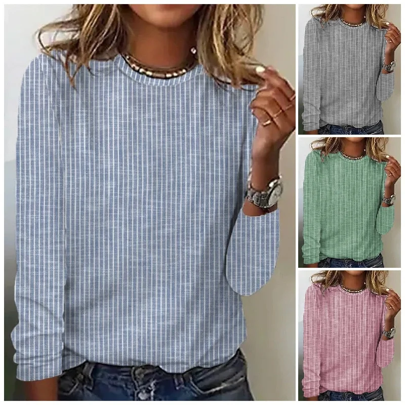 Loose Solid Color Striped Round Neck T-shirt For Women Cozy Sweatshirt Design