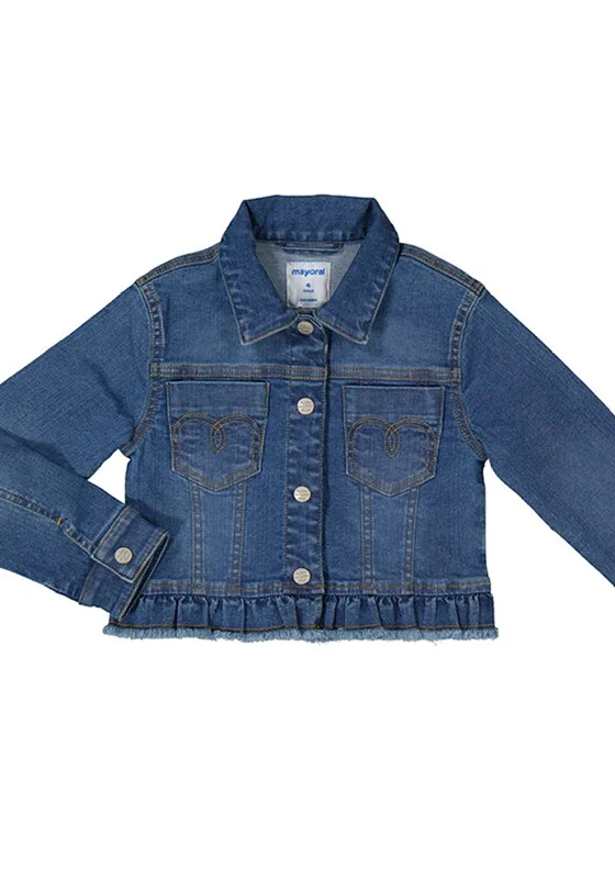 Mayoral Mini Girl Pleated Raw Hem Denim Jacket, Blue Women's eco-friendly jackets