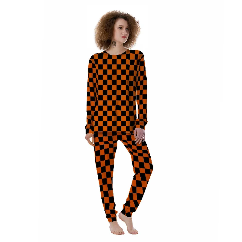 Checkered Black And Orange Print Pattern Women's Pajamas Luxury pajama sets