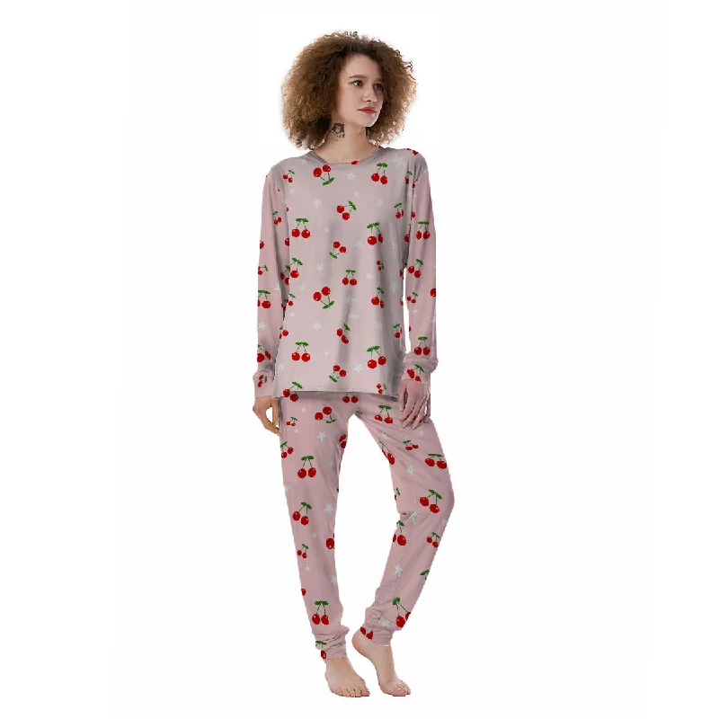 Cherry Pink Print Pattern Women's Pajamas Work-from-home pajama sets