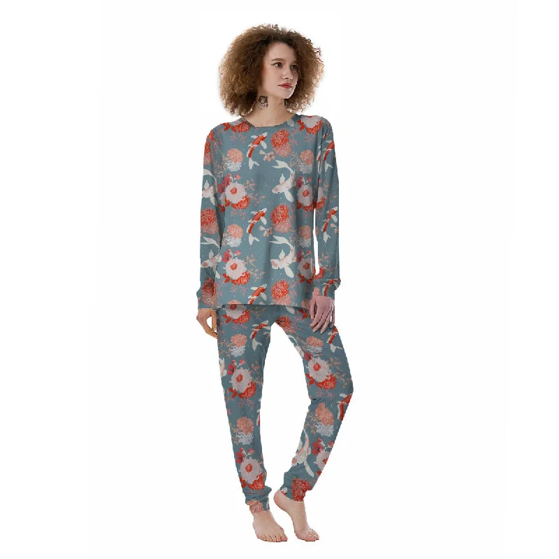 Chrysanthemum And Koi Carp Print Pattern Women's Pajamas Elegant pajama sets