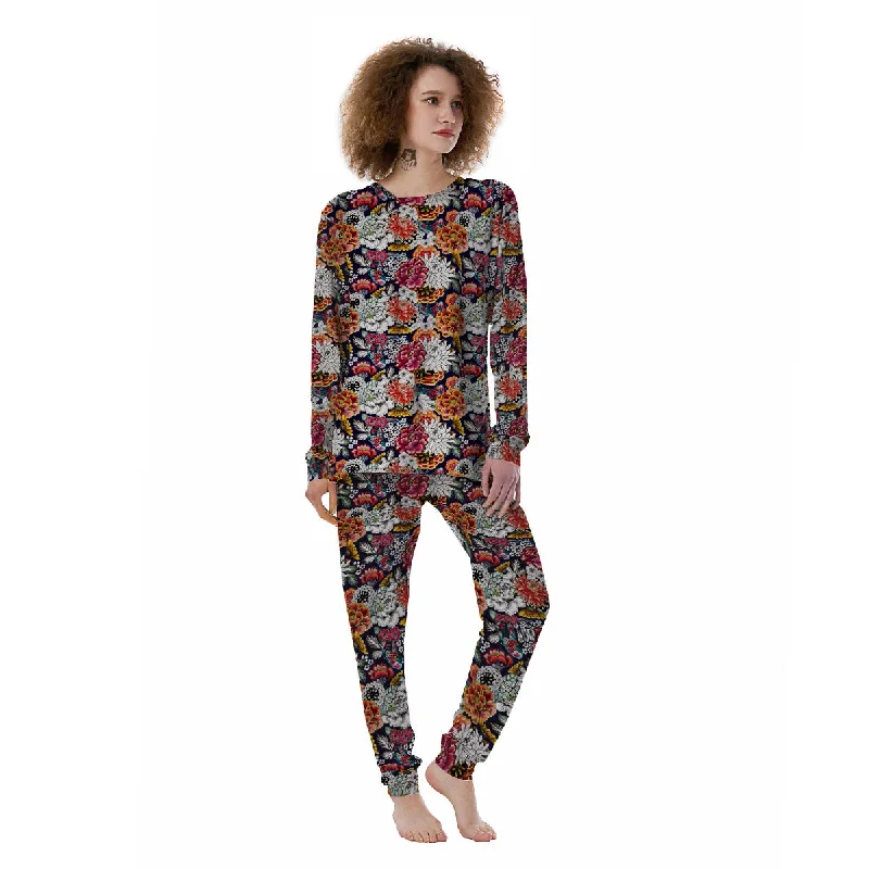 Chrysanthemum Japanese Print Pattern Women's Pajamas Thermal pajama sets