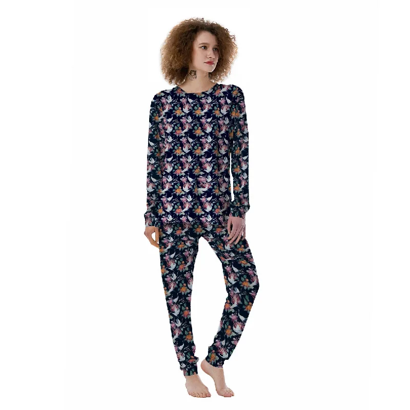 Chrysanthemums And Japanese Cranes Print Women's Pajamas Lightweight pajama sets