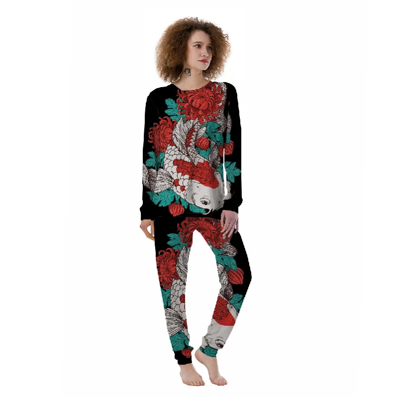 Chrysanthemums And Japanese Koi Print Women's Pajamas Polyester pajama sets