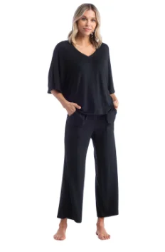 Dream Relaxed V-Neck With Capri Lounge Set - Black Matching couple pajama sets