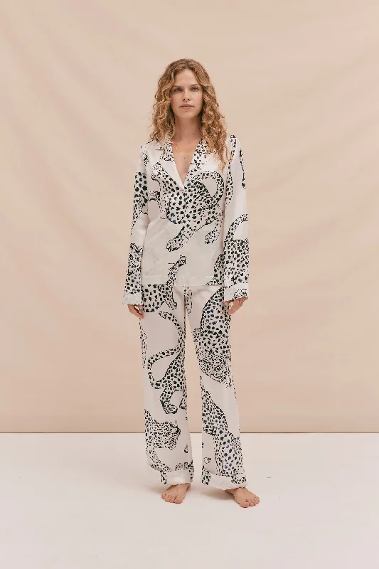 Silk Long Pyjama Set The Jag Print Cream Couple pajama sets