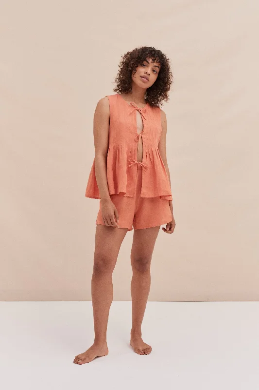 Pleated Cami Top and Shorts Set Coral Linen Designer pajama sets