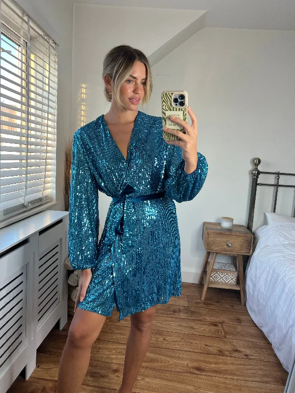 Dani Sequin Wrap Dress / Peacock Blue Shein mini dresses