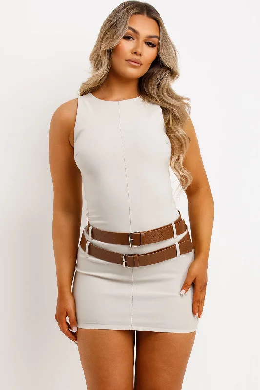 Fitted Dress With Double Belt Beige Affordable mini dresses