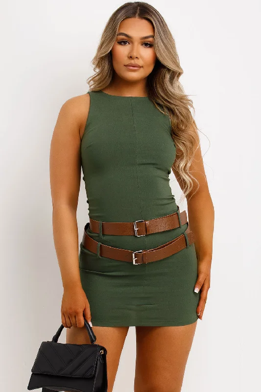 Fitted Dress With Double Belt Khaki Best value mini dresses