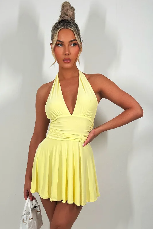 Halter Neck Dress With Open Back Yellow Sexy mini dresses