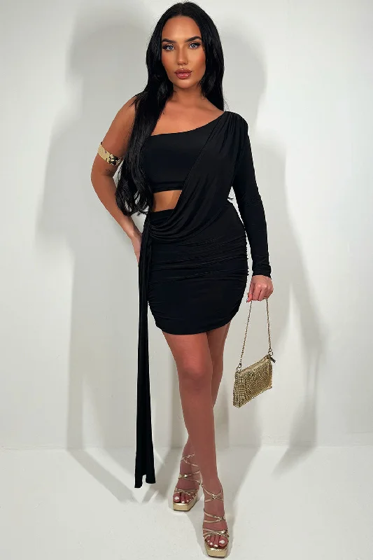 One Shoulder Cut Out Mini Dress With Drape Detail Black Minimalist mini dresses