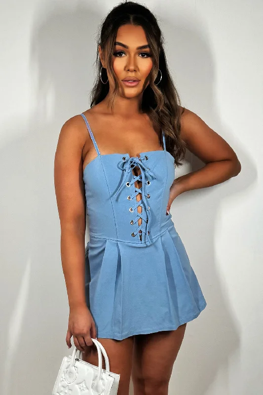 Skort Dress With Lace Up Front Blue Comfortable mini dresses for everyday wear