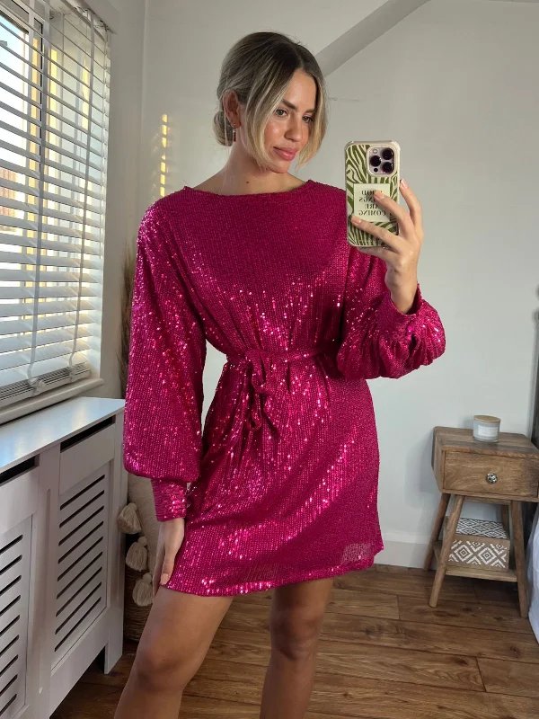 Skylar Balloon Sleeve Mini Dress / Hot Pink Wedding guest mini dresses