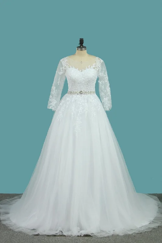 Bateau Wedding Dresses Tulle A Line With Applique And Beads Court Train Luxury Wedding Dress