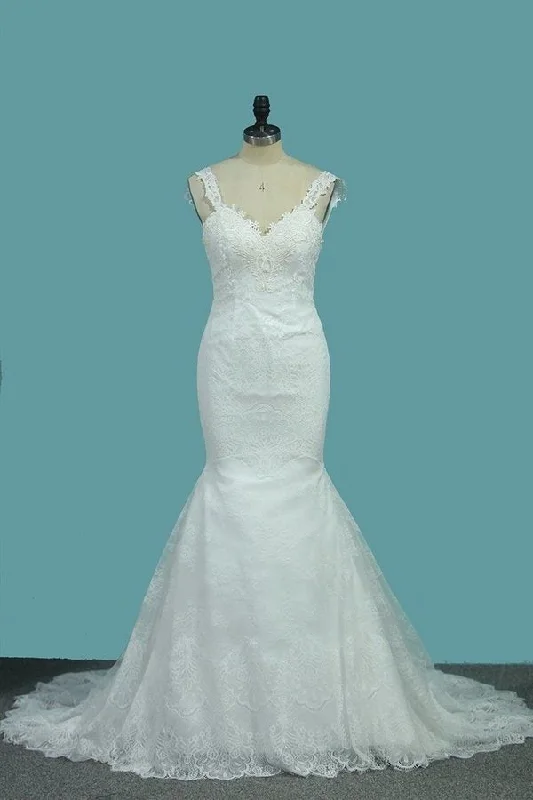 2024 Mermaid Wedding Dresses Lace Straps With Applique Sweep Train Sexy PXQDP2DK Beaded Wedding Gown