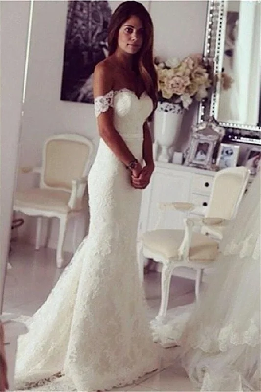 2024 Mermaid Wedding Dresses Off The Shoulder Lace Sweep Train PBDAKTJC Romantic Lace Dress