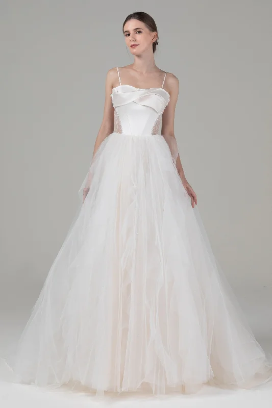 A-Line Court Train Satin Tulle Wedding Dress CW2542 Lace A-line Dress