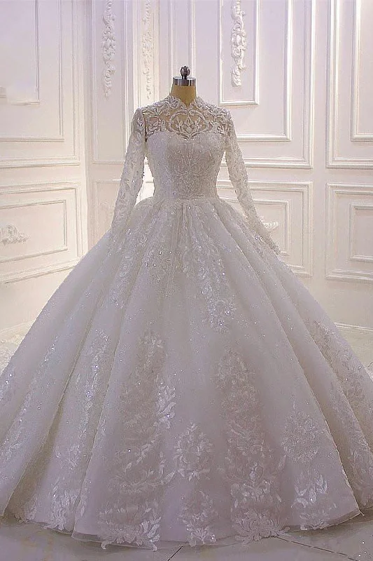 A-Line High Neck Long Sleeve Wedding Dress with Lace Appliques, Ruffles, Pearls, and Sequins Floral Lace Wedding