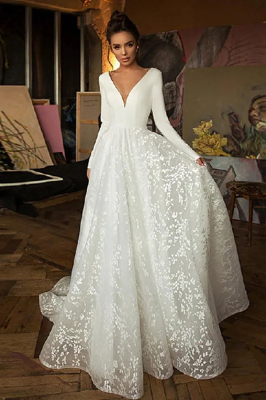 A Line Long Sleeves V Neck Beach Wedding Dress, Elegant Long Bridal Dress N2552 White Lace Gown