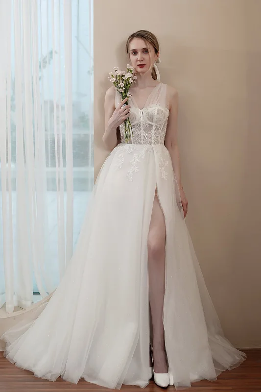 A-Line Sweep-Brush Train Lace Tulle Wedding Dress CW2973 Beautiful Lace Gown