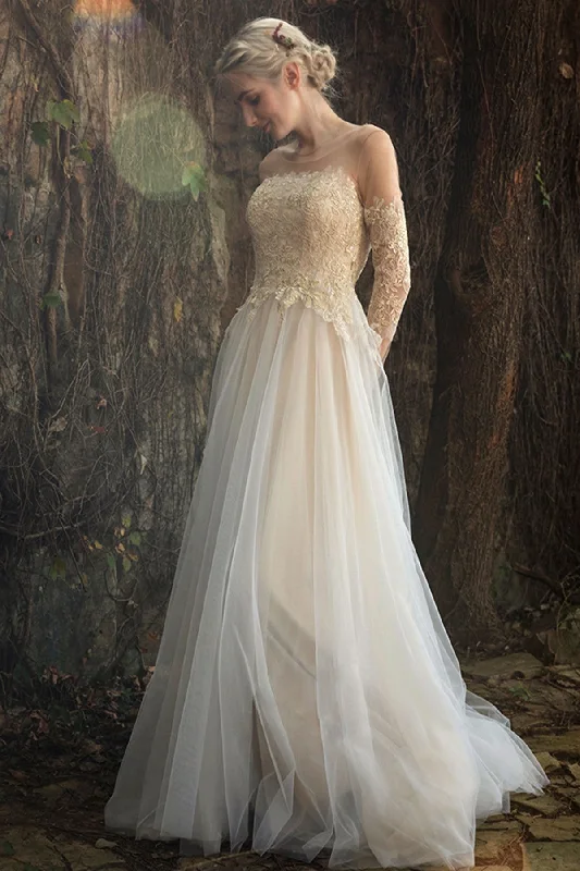 A-Line Sweep-Brush Train Lace Tulle Wedding Dress CW3014 Mermaid Wedding Gown