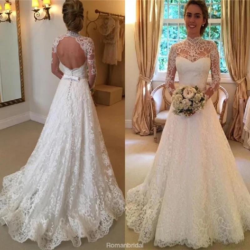 Amazing A-line Full lace Long Sleeves Lace High Neck Open-back Wedding Dresses, WD0358 Strapless Wedding Gown