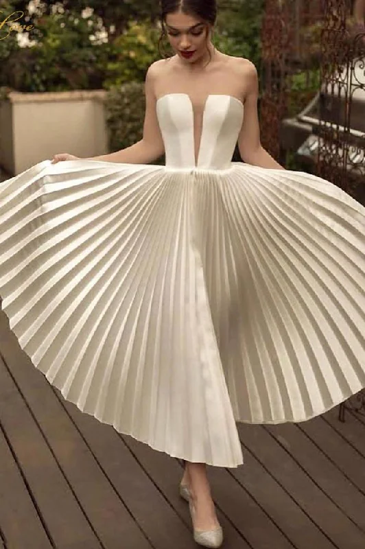 Ankle Length Strapless Wedding Dress Ivory Pleats Beach Wedding Dress N2276 Off-shoulder Wedding Gown