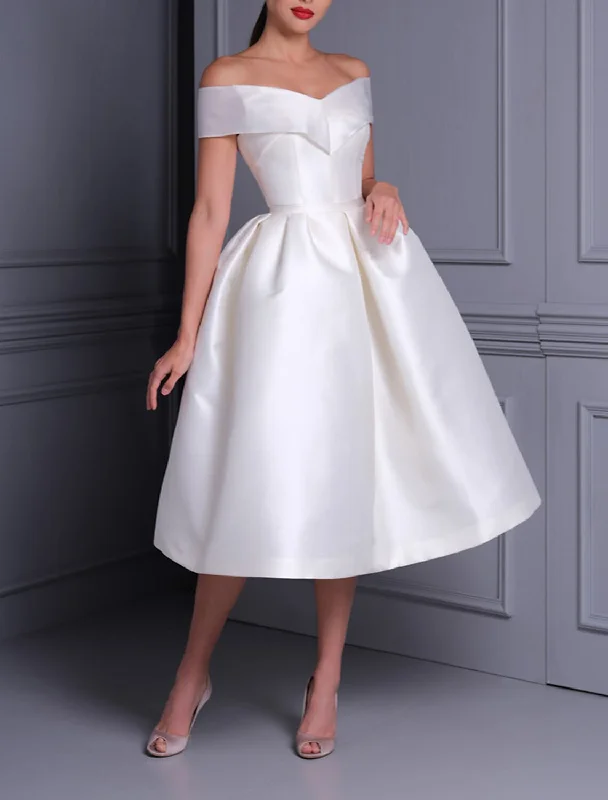 Bridal Shower Little White Dresses Simple Wedding Dresses A-Line Off Shoulder Cap Sleeve Tea Length Satin Bridal Gowns With Solid Color Classic Bridal Gown