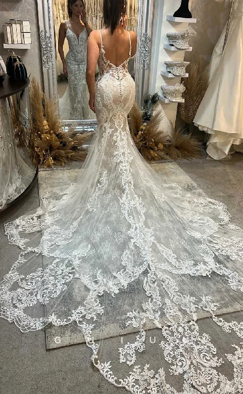 GW860 -  Deep V Neck Straps Appliques Buttons Lace Boho Beach Wedding Dress with Train Sparkling Wedding Dress