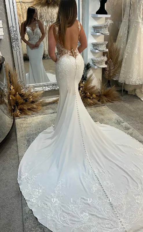 GW861 -  Deep V Neck Straps Buttons Appliques Lace Backless Mermaid Wedding Dress with Slit Silk Wedding Gown