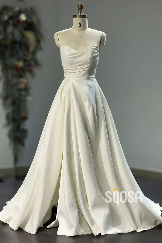 A-line Strapless Pleats Rustic Wedding Dress Bridal Gowns QW2411 Beaded Bridal Gown