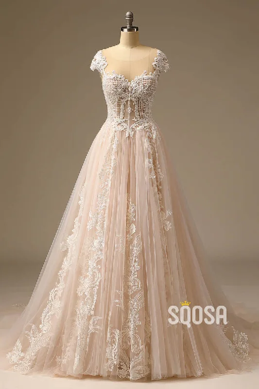 Exquisite Lace Wedding Dress Unique Cap Sleeves A-line Wedding Gown QW2503 Tiered Wedding Dress