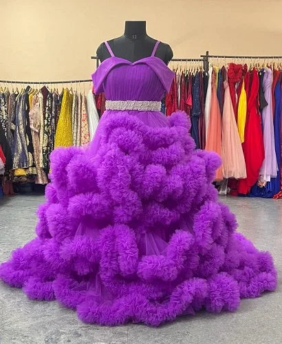 G2033, Luxury Purple Ruffled Long Trail Ball Gown, Size - (ALL)pp Elegant Lace Gown