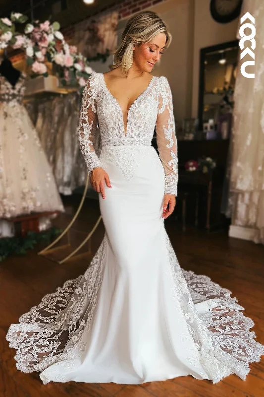 K1954 - Elegant & Luxurious V-neck Backless Long Sleeves Mermaid Wedding Dress With Applique Empire Waist Gown