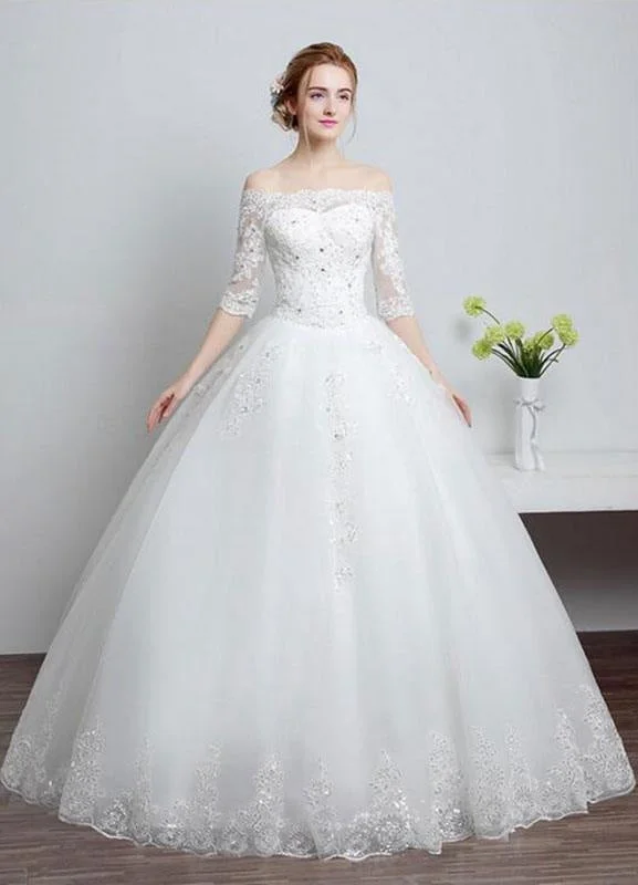 Lace Wedding Dress Off The Shoulder Ivory A Line Lace Up Half Sleeve Sequined Floor Length Bridal Dress Satin Wedding Dress