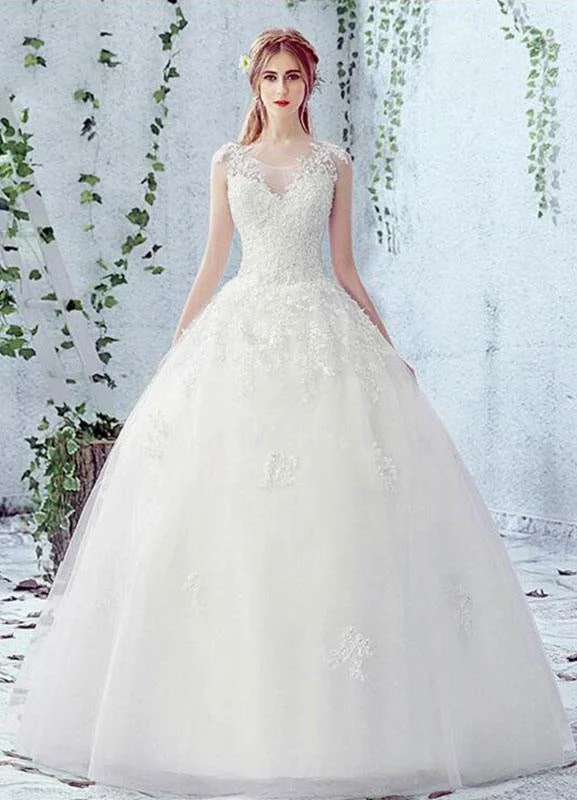 Lace Wedding Dress Scoop Neck Sleeveless Satin Net Lace Up Bridal Dress With Beads A-line Bridal Dress