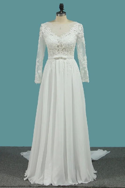 Long Sleeve Bateau A-Line Chiffon Floor-Length Wedding Dress with Ruffles Satin Lace Gown