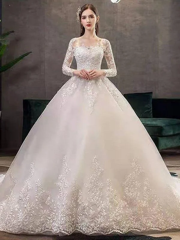 New Vintage Wedding Dresses Eric White Jewel Neck Long Sleeves Natural Waist Satin Fabric Cathedral Train Applique Traditional Dresses For Bride Simple Wedding Gown