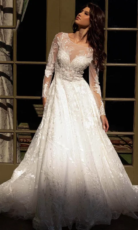 Primavera Bridal 11136 - Embroidered Long Sleeve Bridal Dress Simple Wedding Dress