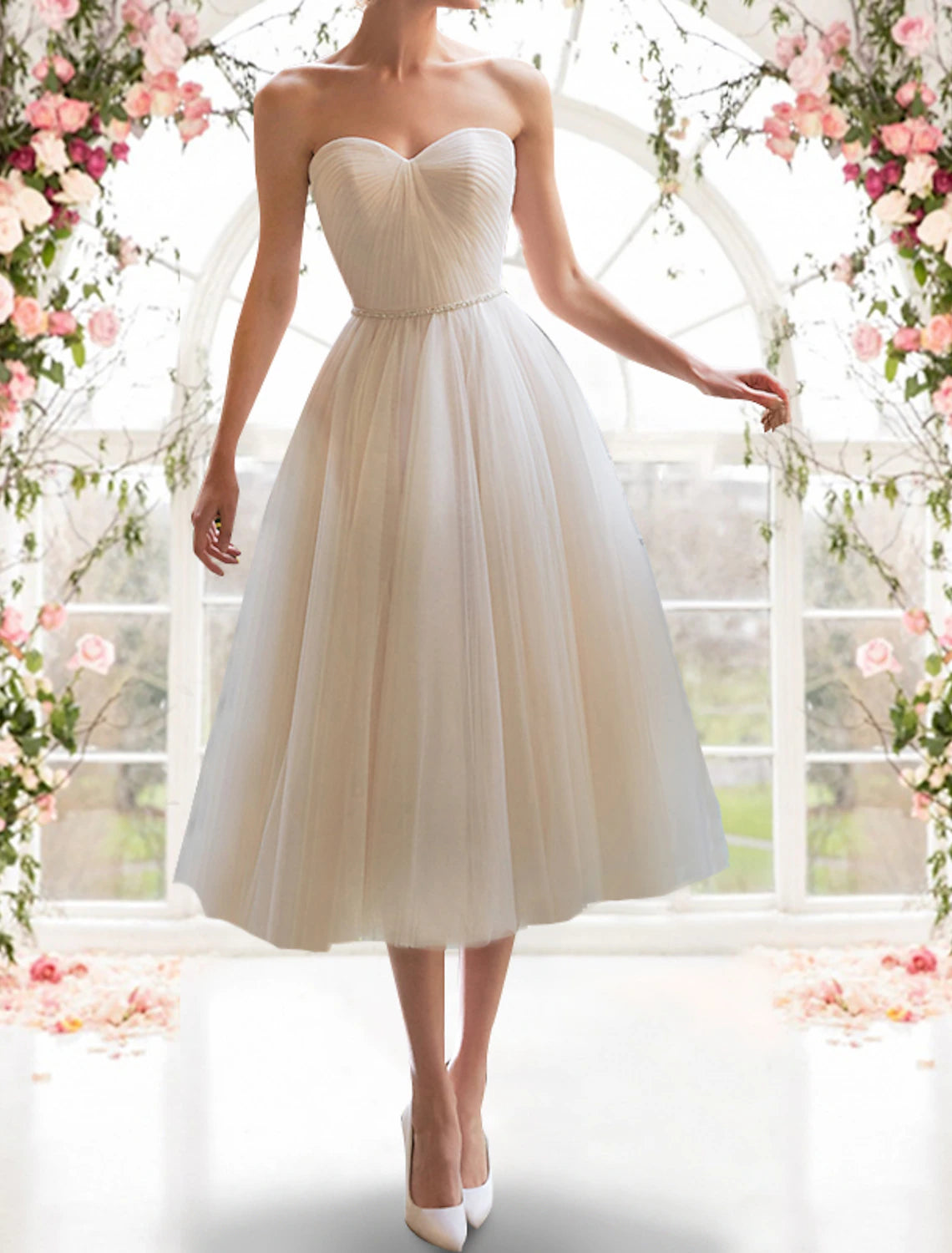 Reception Little White Dresses Wedding Dresses A-Line Sweetheart Strapless Tea Length Tulle Bridal Gowns With Sashes / Ribbons Pleats Boho Chic Gown