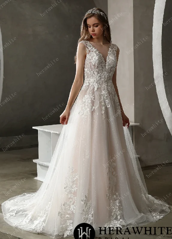 Sparkly Tulle and Lace A-Line Bridal Gown with Bateau Neckline Soft Lace Gown