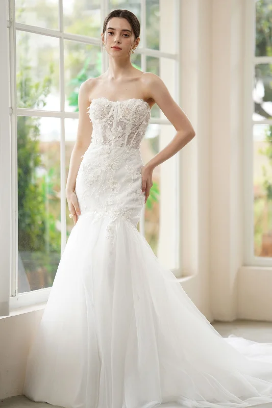 Trumpet-Mermaid Sweep-Brush Train Lace Tulle Wedding Dress CW3312 Off-shoulder Bridal Gown