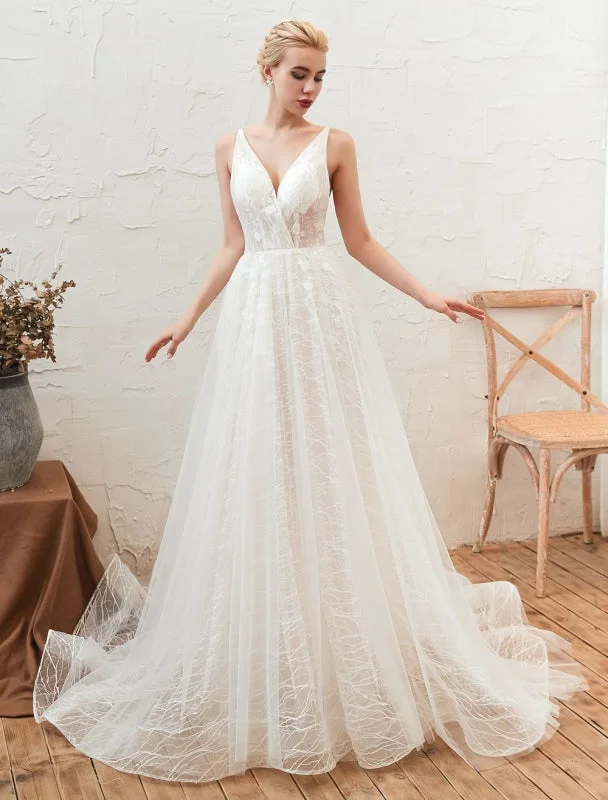 Wedding Dress 2021 V Neck A Line Floor Length Lace Appliqued Tulle Bridal Gowns Lace Boho Dress